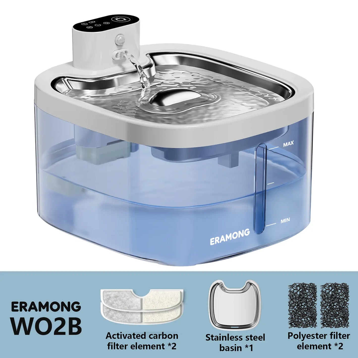 ERAMONG Smart Indoor Wireless Pet Water Fountain - 3.5L/118oz Battery-Powered with Stainless Steel Tray, Motion Sensor, and 4-Layer Filtration System for Cats and Dogs
