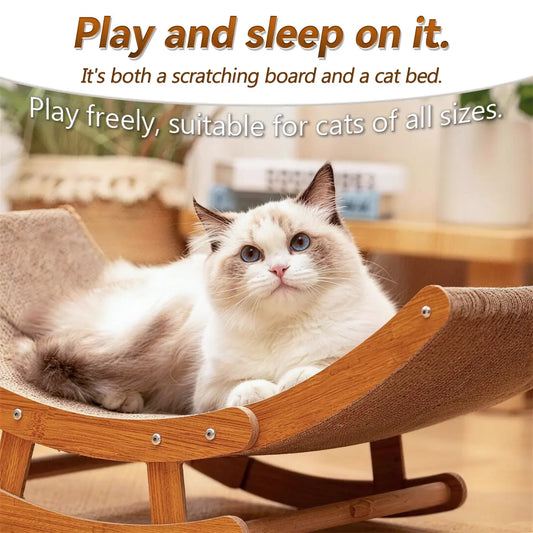 Aesthetic Boho Rocking Cat Scratcher Bed for Indoor Cats, Natural Sisal Curved Cat Scratching Lounge with Solid Wood Frame, Calming Anti-Anxiety Cat Rocker Chair, Non-Shedding, Comfy Cat Bed for Medium Large Cats Kittens, Easy to Assemble