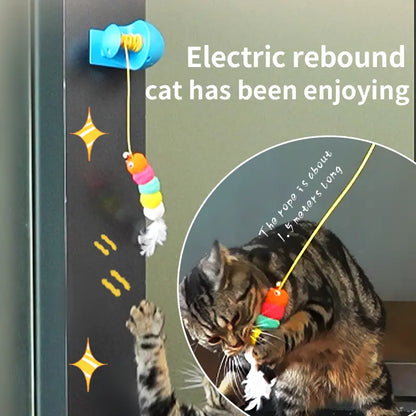 Automatic Moving Cat Toy with 3 Adjustable Modes, Wall Mounted Interactive Cat Teaser Toy with Rewind Rope, USB Rechargeable Feather Exercise Toy for Indoor Cats