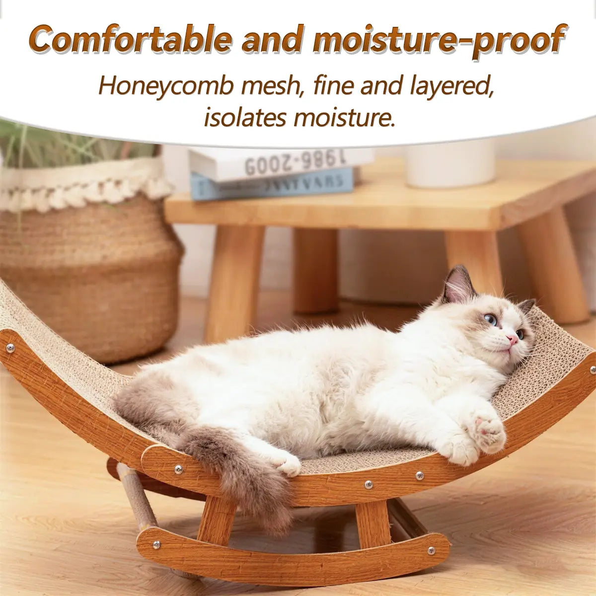 Aesthetic Boho Rocking Cat Scratcher Bed for Indoor Cats, Natural Sisal Curved Cat Scratching Lounge with Solid Wood Frame, Calming Anti-Anxiety Cat Rocker Chair, Non-Shedding, Comfy Cat Bed for Medium Large Cats Kittens, Easy to Assemble