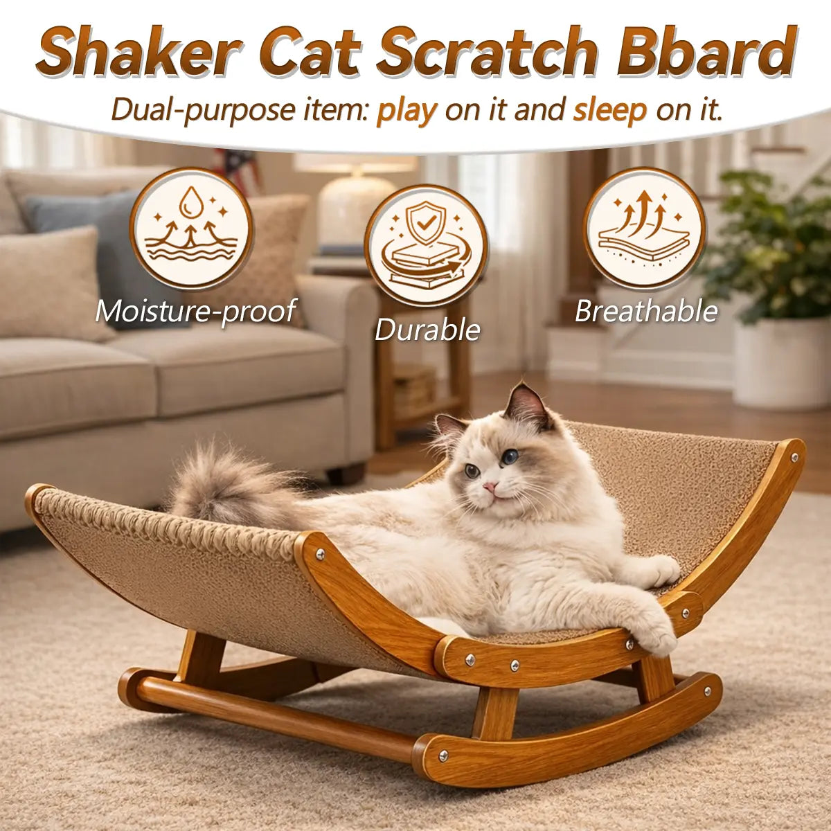 Aesthetic Boho Rocking Cat Scratcher Bed for Indoor Cats, Natural Sisal Curved Cat Scratching Lounge with Solid Wood Frame, Calming Anti-Anxiety Cat Rocker Chair, Non-Shedding, Comfy Cat Bed for Medium Large Cats Kittens, Easy to Assemble