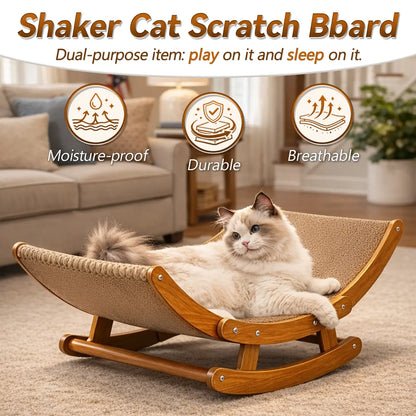 Aesthetic Boho Rocking Cat Scratcher Bed for Indoor Cats, Natural Sisal Curved Cat Scratching Lounge with Solid Wood Frame, Calming Anti-Anxiety Cat Rocker Chair, Non-Shedding, Comfy Cat Bed for Medium Large Cats Kittens, Easy to Assemble
