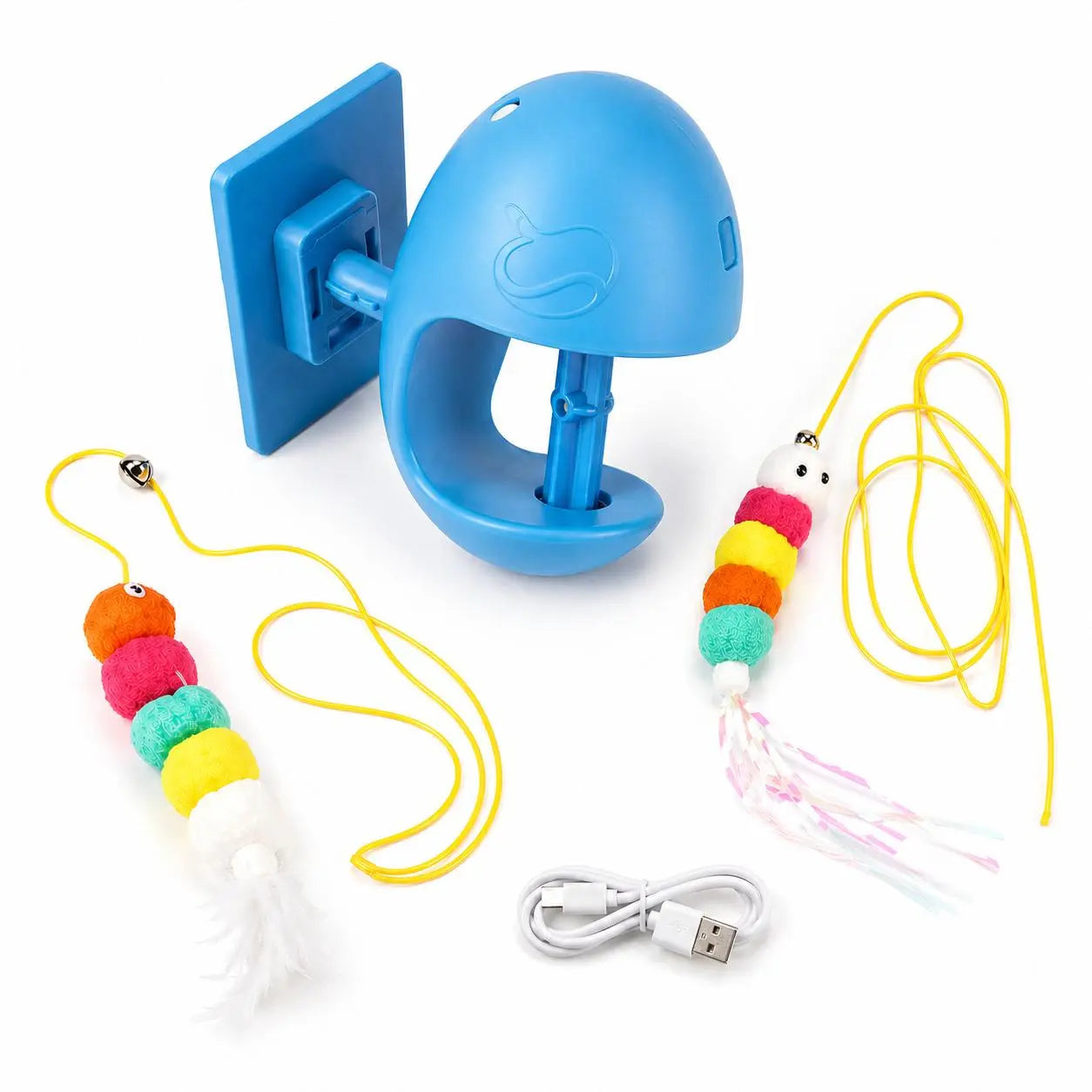 Automatic Moving Cat Toy with 3 Adjustable Modes, Wall Mounted Interactive Cat Teaser Toy with Rewind Rope, USB Rechargeable Feather Exercise Toy for Indoor Cats