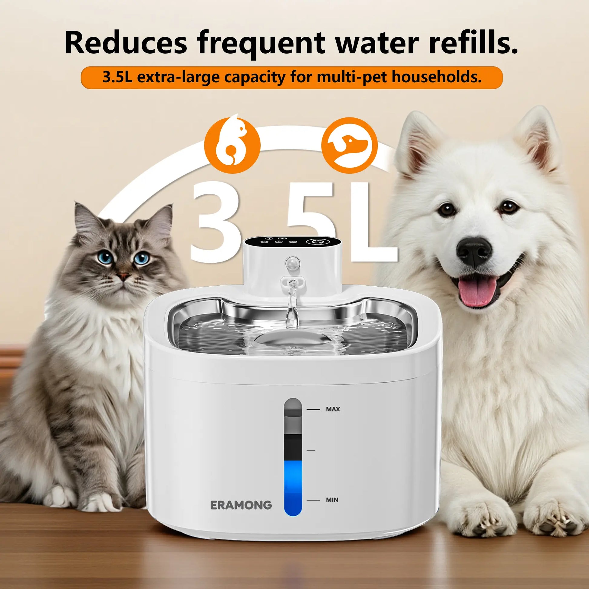 ERAMONG Smart Indoor Wireless Pet Water Fountain - 3.5L/118oz Battery-Powered with Stainless Steel Tray, Motion Sensor, and 4-Layer Filtration System for Cats and Dogs
