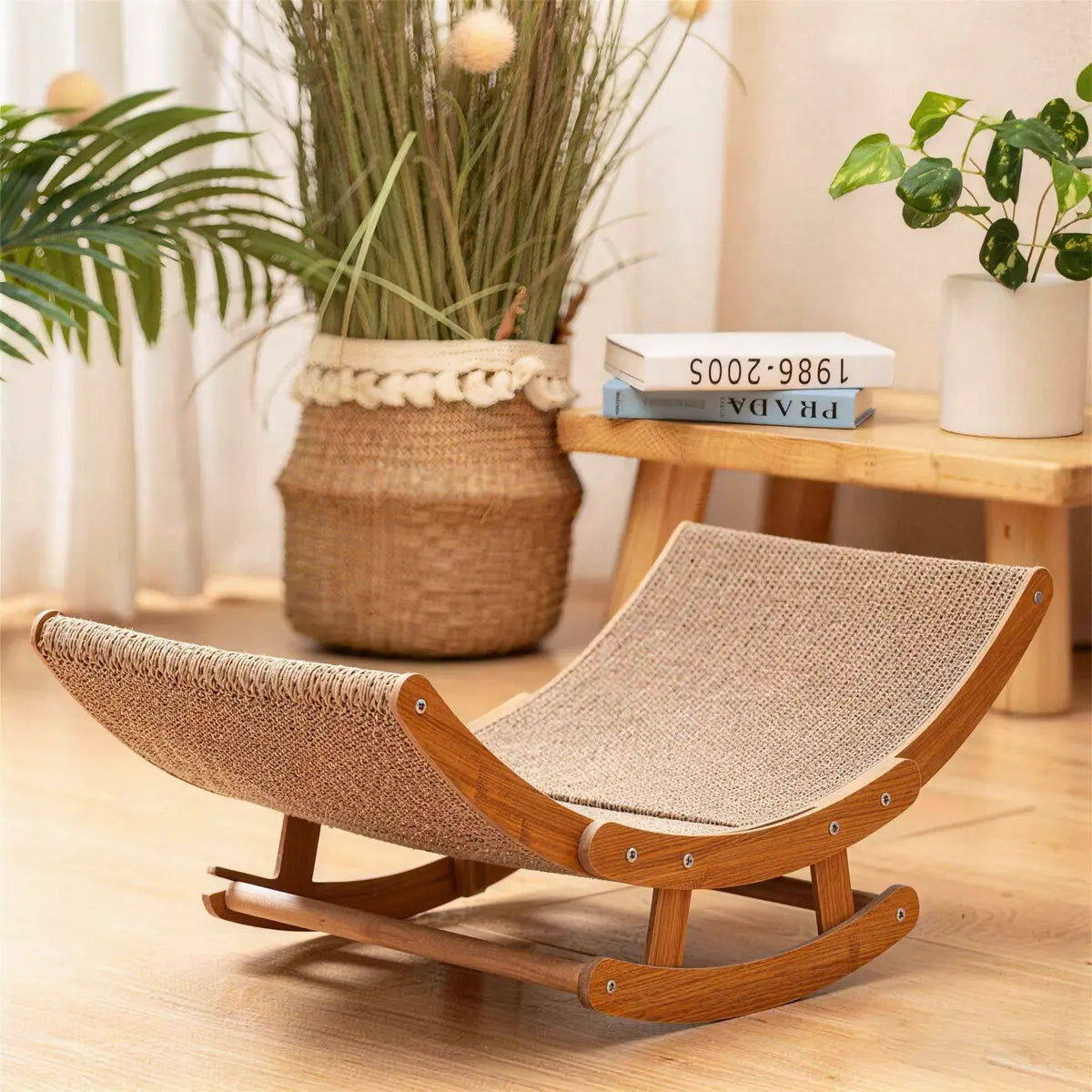 Aesthetic Boho Rocking Cat Scratcher Bed for Indoor Cats, Natural Sisal Curved Cat Scratching Lounge with Solid Wood Frame, Calming Anti-Anxiety Cat Rocker Chair, Non-Shedding, Comfy Cat Bed for Medium Large Cats Kittens, Easy to Assemble