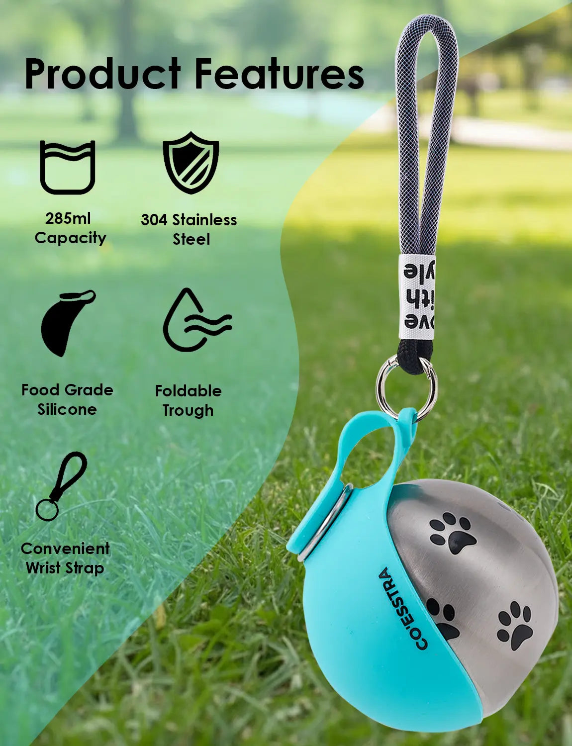 Stainless Steel Pet Water Bottle with Integrated Drinking Basin – 285ml Leak-Proof Travel Solution for Dogs and Cats, Ideal for Walks, Road Trips, and Outdoor Activities