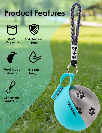 Stainless Steel Pet Water Bottle with Integrated Drinking Basin – 285ml Leak-Proof Travel Solution for Dogs and Cats, Ideal for Walks, Road Trips, and Outdoor Activities
