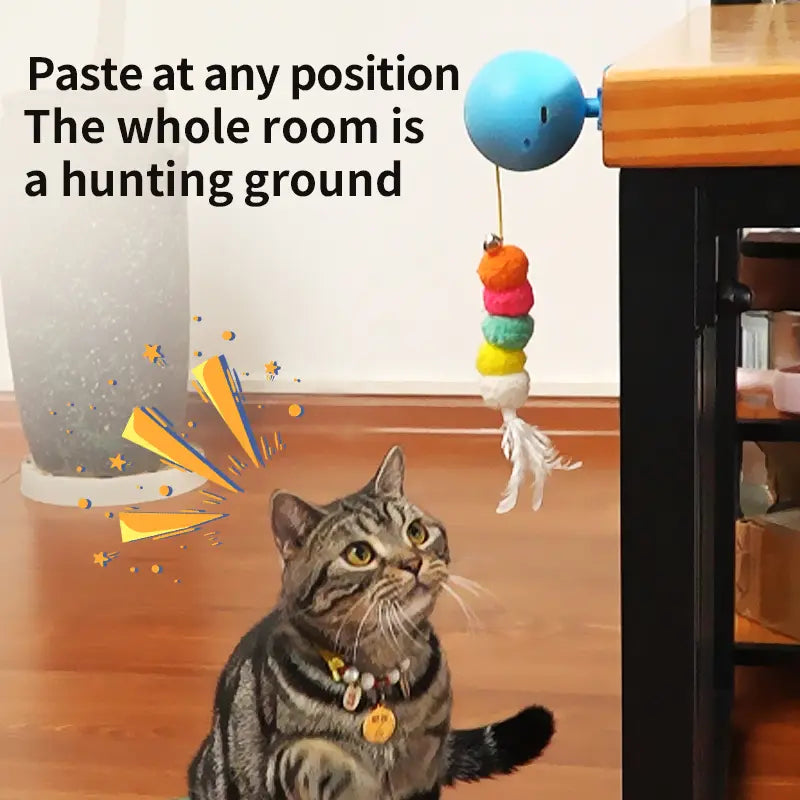 Automatic Moving Cat Toy with 3 Adjustable Modes, Wall Mounted Interactive Cat Teaser Toy with Rewind Rope, USB Rechargeable Feather Exercise Toy for Indoor Cats