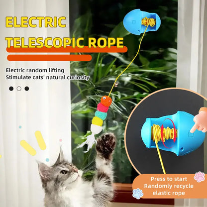 Automatic Moving Cat Toy with 3 Adjustable Modes, Wall Mounted Interactive Cat Teaser Toy with Rewind Rope, USB Rechargeable Feather Exercise Toy for Indoor Cats