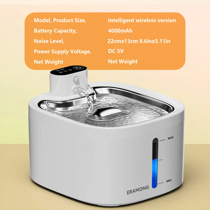 ERAMONG Smart Indoor Wireless Pet Water Fountain - 3.5L/118oz Battery-Powered with Stainless Steel Tray, Motion Sensor, and 4-Layer Filtration System for Cats and Dogs