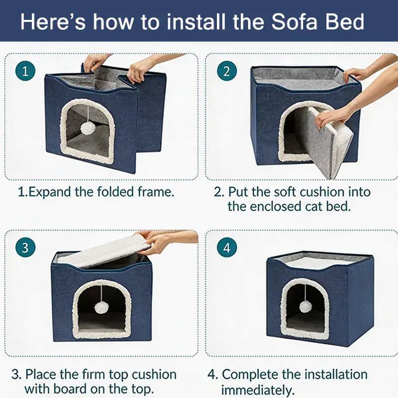 Cat Houses for Indoor Cats - Large Cat Bed Cave with Scratch Pad and Fluffy Ball, Foldable Cat Condo Hideaway with Reversible Cushion, All Seasons Use, for Multiple Small Pets, Dark Ivory Apartment, Easter