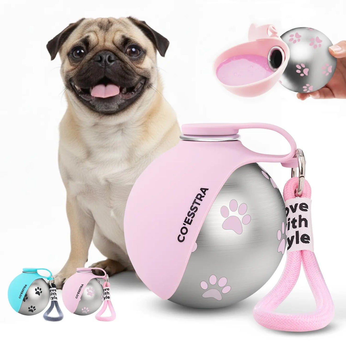 Stainless Steel Pet Water Bottle with Integrated Drinking Basin – 285ml Leak-Proof Travel Solution for Dogs and Cats, Ideal for Walks, Road Trips, and Outdoor Activities