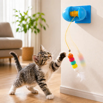 Automatic Moving Cat Toy with 3 Adjustable Modes, Wall Mounted Interactive Cat Teaser Toy with Rewind Rope, USB Rechargeable Feather Exercise Toy for Indoor Cats