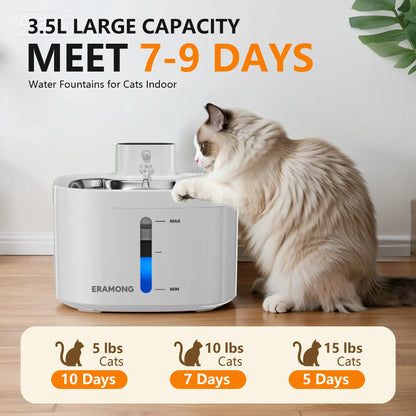 ERAMONG Smart Indoor Wireless Pet Water Fountain - 3.5L/118oz Battery-Powered with Stainless Steel Tray, Motion Sensor, and 4-Layer Filtration System for Cats and Dogs