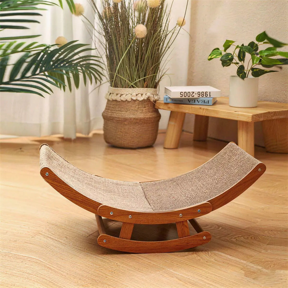 Aesthetic Boho Rocking Cat Scratcher Bed for Indoor Cats, Natural Sisal Curved Cat Scratching Lounge with Solid Wood Frame, Calming Anti-Anxiety Cat Rocker Chair, Non-Shedding, Comfy Cat Bed for Medium Large Cats Kittens, Easy to Assemble